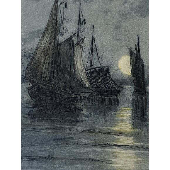 Huguet — Hand-Colored Aquatint Etchings, Twilight Fishing Boats (Pair) - Picture 15 of 15